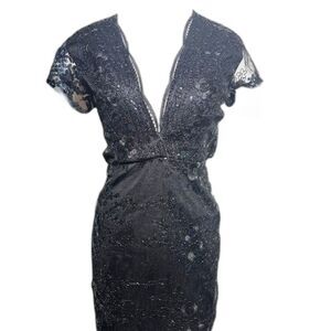 Lucy in the Sky Lani Sequin Plunge Dress Small Black Lace Winter Formal Sparkle